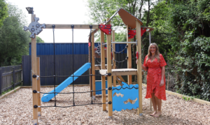 Publican Kerry Wolfe showcases the new play area in the pub garden